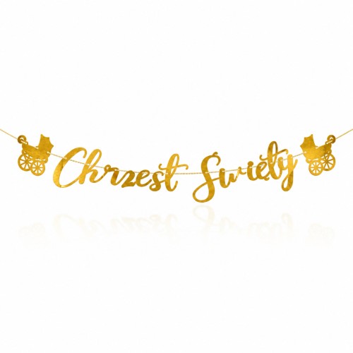 Baner Chrzest Święty złoty 127 cm – girlanda z wózeczkami