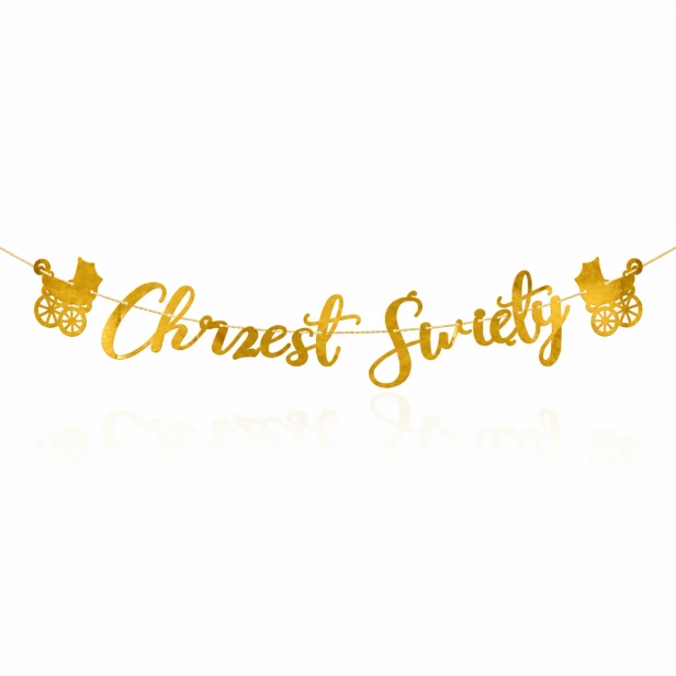 Baner Chrzest Święty złoty 127 cm – girlanda z wózeczkami