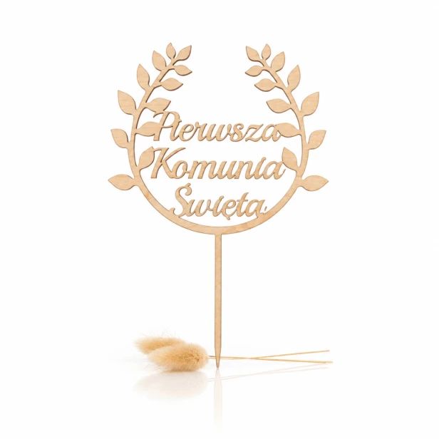 Topper Pierwsza Komunia Święta – drewniany wianek IHS na tort