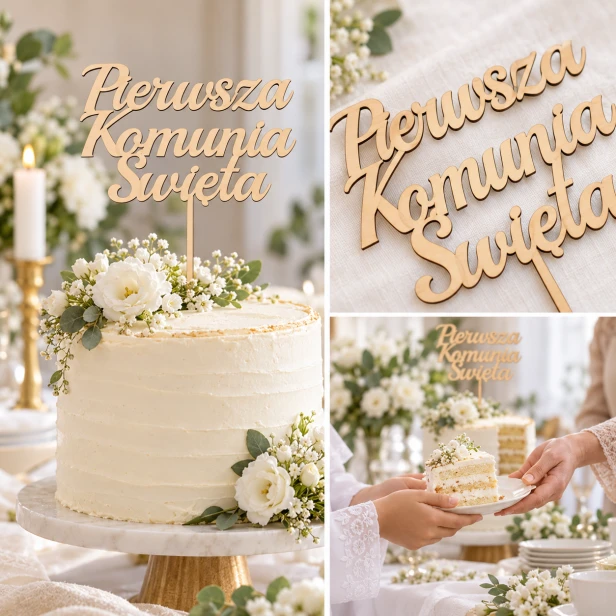 Drewniany topper komunijny – rustykalna dekoracja tortu