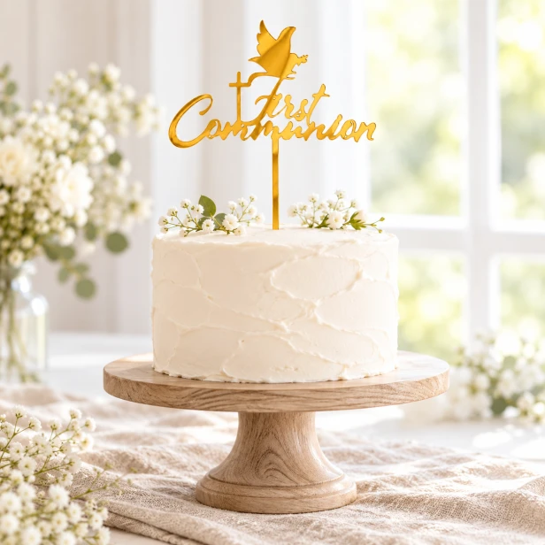 Topper komunijny First Communion – złota dekoracja tortu