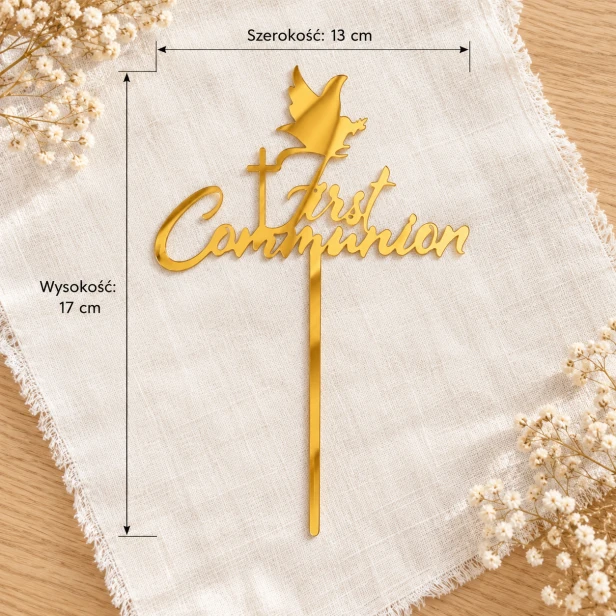 Topper akrylowy First Communion – złota ozdoba z wymiarami
