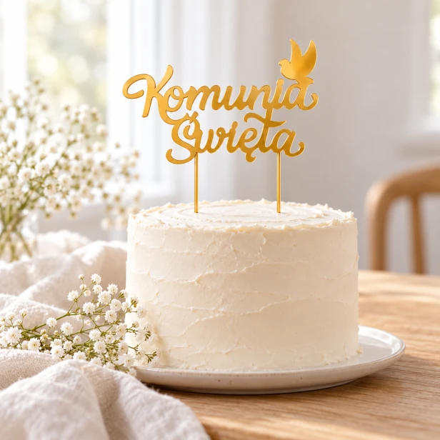 Złoty topper papierowy Komunia Święta na białym torcie