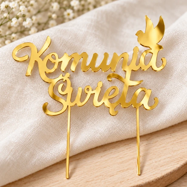Topper komunijny z gołębicą – złoty napis z papieru