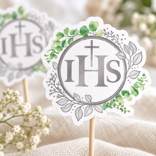 Topper komunijny IHS – srebrny motyw z zielonymi liśćmi