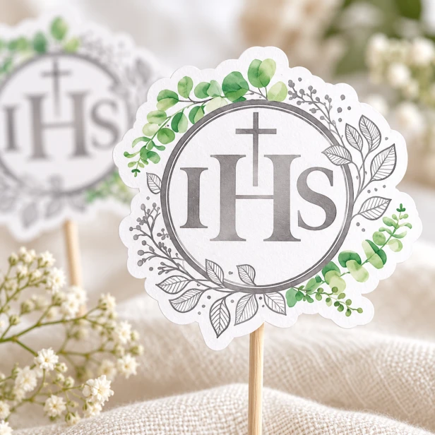 Topper komunijny IHS – srebrny motyw z zielonymi liśćmi