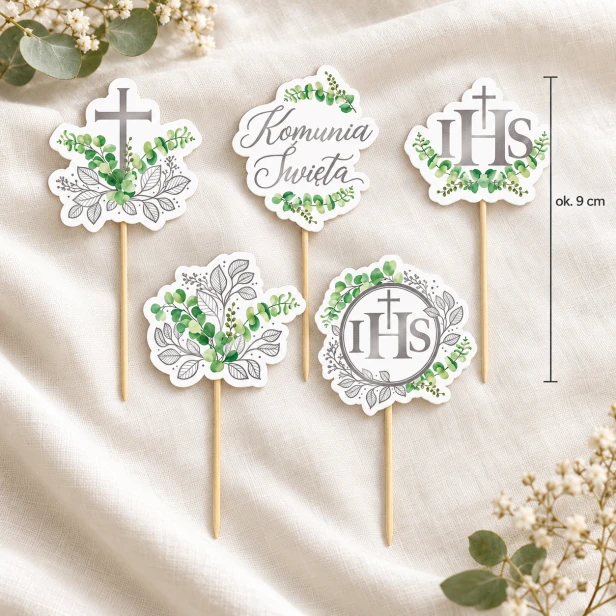 Toppery komunijne srebrne Eukaliptus – komplet ok. 9 cm