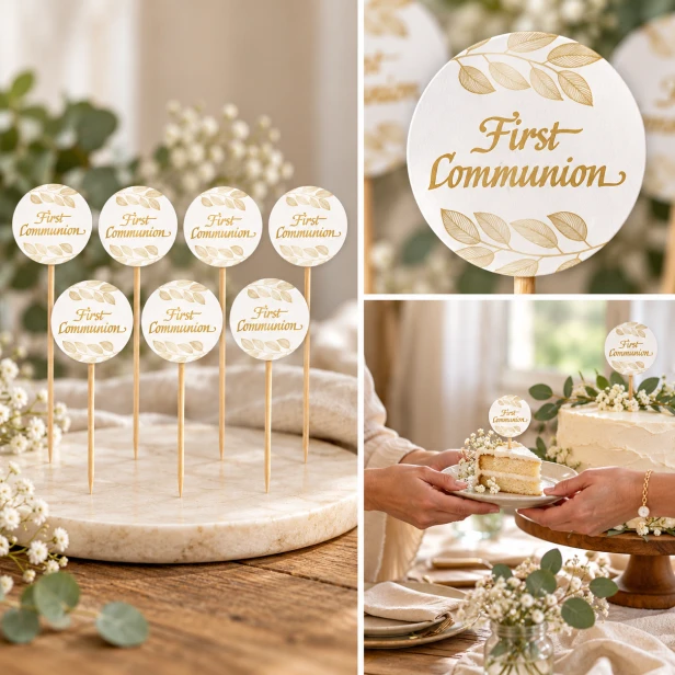 Złote napisy FIRST COMMUNION – pikery na tort komunijny