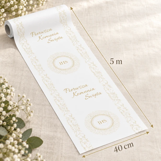 Bieżnik komunijny 5 m × 40 cm – papierowy ze złotym IHS