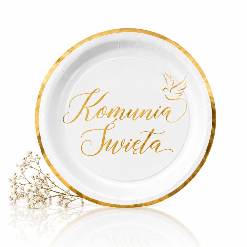 Talerzyki Papierowe „Komunia Święta” – białe ze złotym nadrukiem IHS (6 szt.)