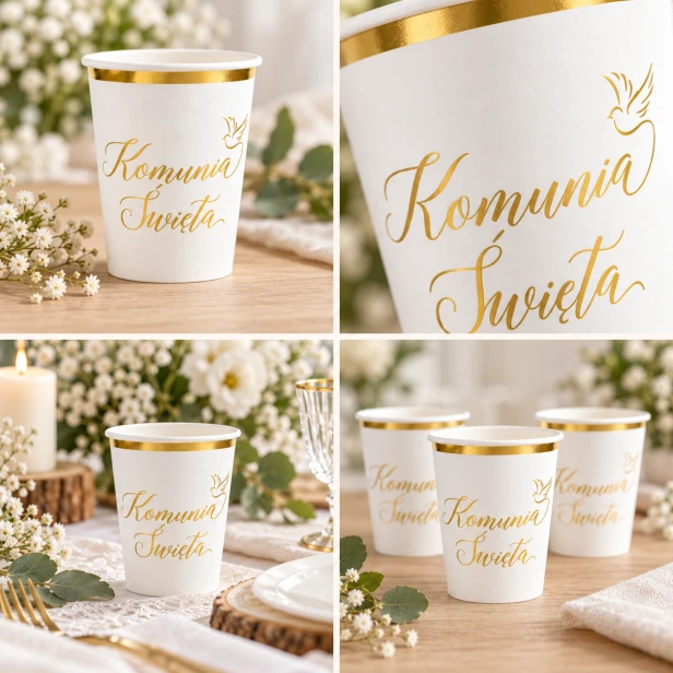 Biało-złote kubeczki komunijne – dekoracja stołu
