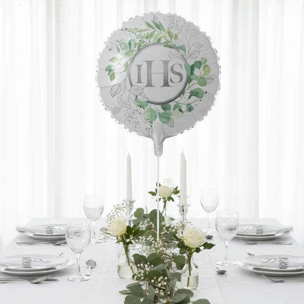 Balon komunijny IHS Eukaliptus Srebrny – dekoracja stołu