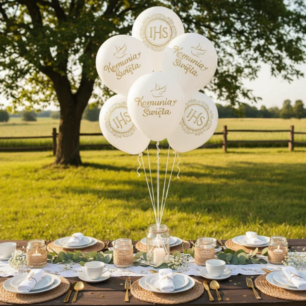 Balony komunijne IHS – biało-złota dekoracja ogrodowa