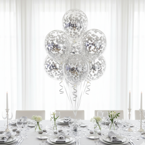 Srebrne balony z konfetti – elegancka dekoracja przyjęcia