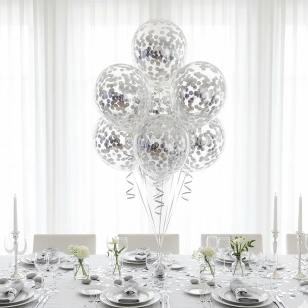 Srebrne balony z konfetti – elegancka dekoracja przyjęcia