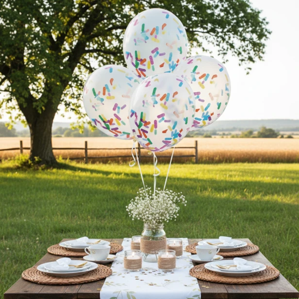 Kolorowe balony z konfetti – dekoracja przyjęcia w ogrodzie