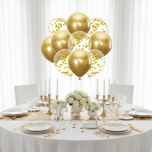 Balony GOLD CHROME z konfetti – zestaw 10 szt. (lateksowe 30 cm)