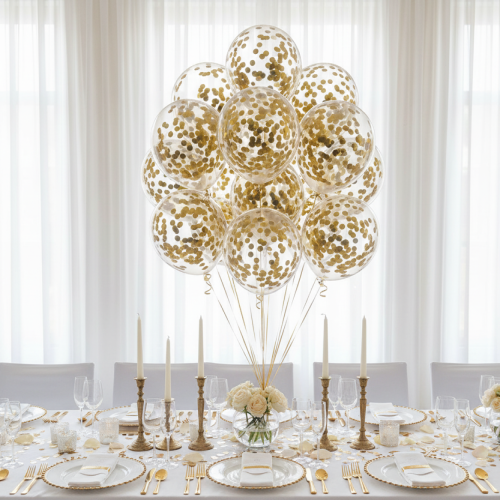 Balony GOLD CHROM z konfetti – zestaw 4 szt. (lateksowe 30 cm)
