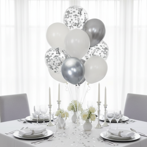 Balony SILVER CHROME z konfetti – zestaw 10 szt. (lateksowe 30 cm)