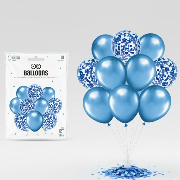 Balony niebieskie CHROM z konfetti – zestaw 10 sztuk