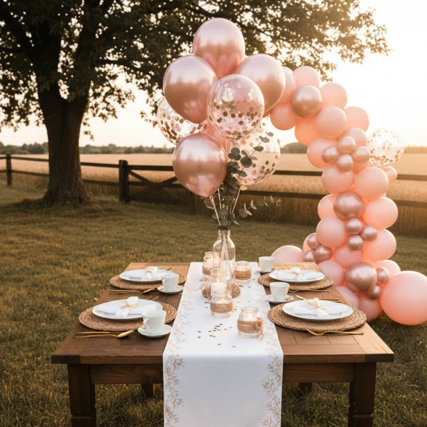 Balony rose gold z konfetti – elegancka aranżacja stołu