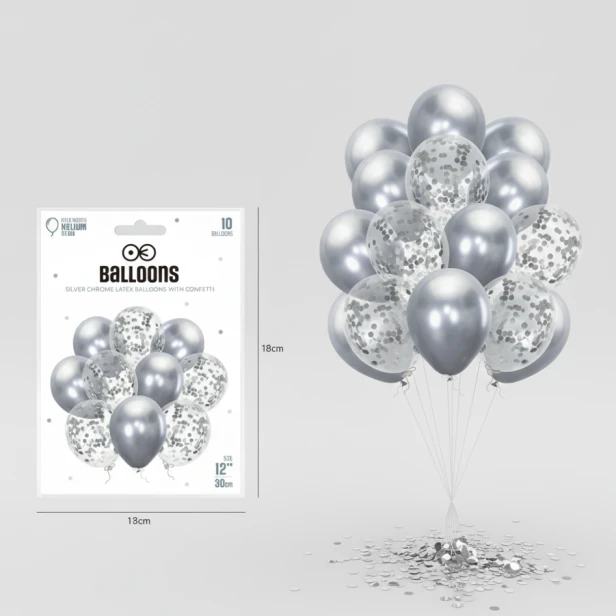 Balony srebrne CHROME z konfetti – zestaw 10 sztuk