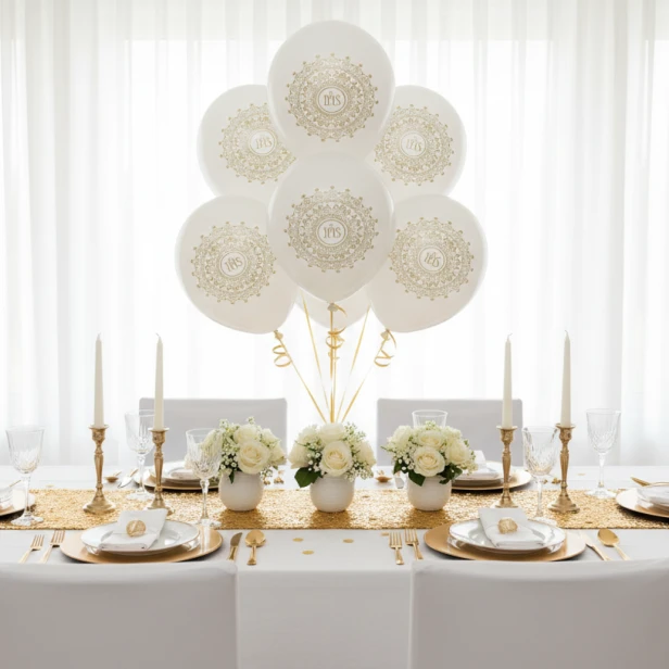 Biały balon Ornament White – dekoracja stołu komunijnego