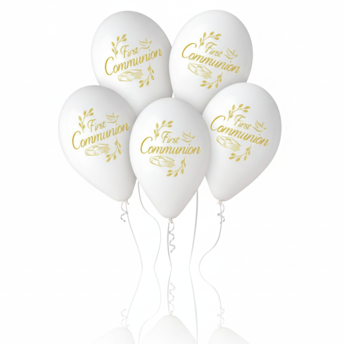 Balony komunijne FIRST COMMUNION – białe 30 cm | 5 szt.