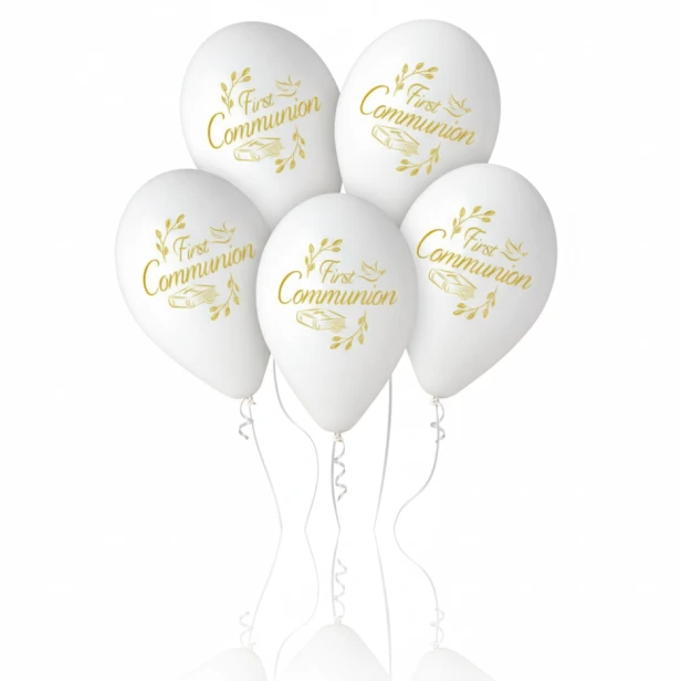 Balony komunijne FIRST COMMUNION – białe 30 cm | 5 szt.
