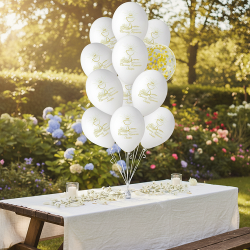 Balony IHS Kielich – dekoracja przyjęcia komunijnego w ogrodzie