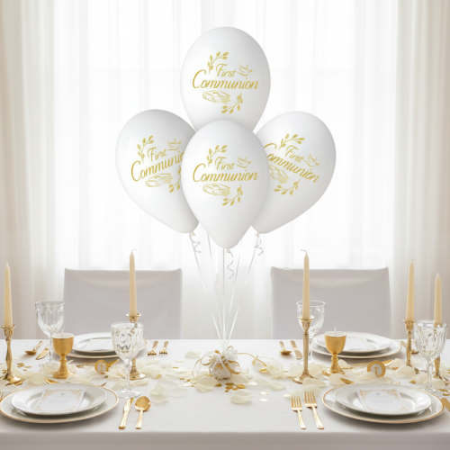 Balony First Communion – biało-złota dekoracja stołu
