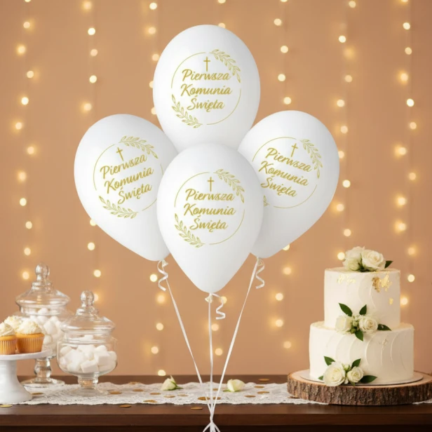 Balony komunijne z wiankiem IHS – dekoracja sali