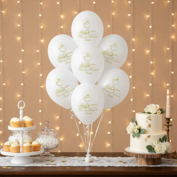 Balony komunijne z kielichem IHS – elegancka dekoracja sali