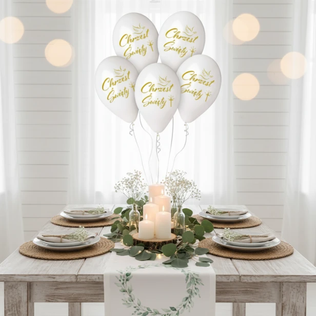 Balony chrzcielne 30 cm – złoty nadruk i białe kwiaty