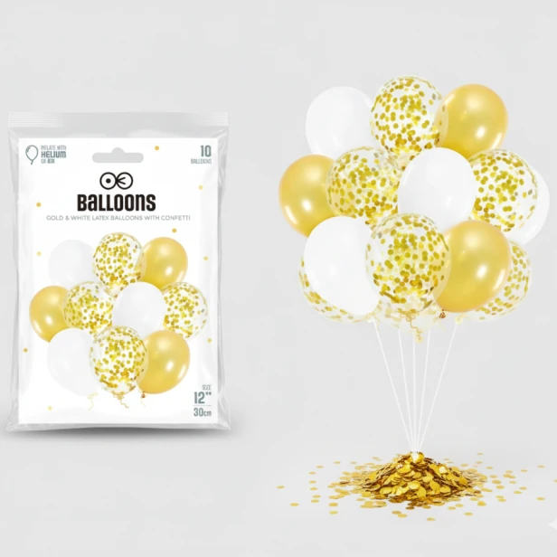Balony GOLD z konfetti – zestaw 10 sztuk i kolory