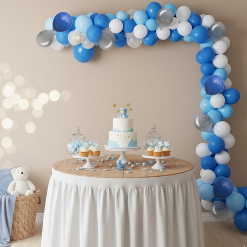 Zestaw balonów BABY BLUE – girlanda balonowa biało-błękitno-złota XXL, 100 sztuk