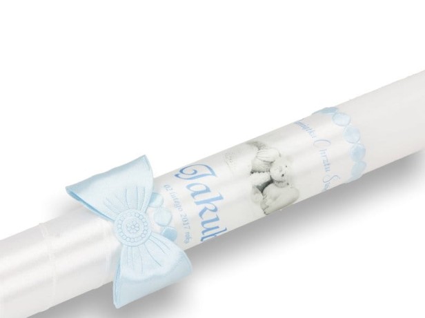 zdobienie biało niebieskie Świeca na Chrzest ze zdjęciem dziecka – Pamiątka Chrztu Świętego