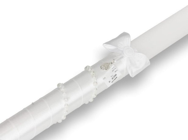 zdobienie białe -Świeca na Chrzest ze srebrnym medalikiem – seria PREMIUM | Linia SACRA Medallion®