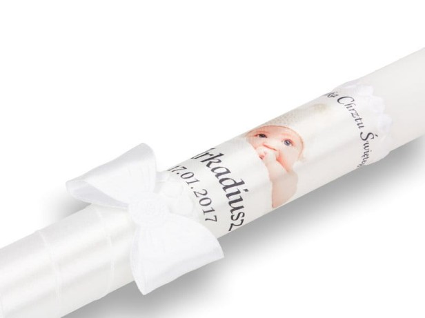 zdobienie biały kokarda Świeca na Chrzest ze zdjęciem dziecka – Pamiątka Chrztu Świętego