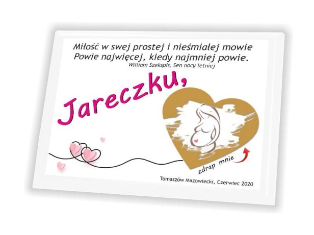 Pamiątka zdrapka na drewnianym panelu - Czy wiesz, że ... zostaniemy rodzicami?