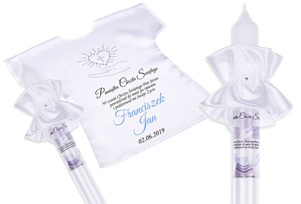 wzór MILANO BLUE - Świeca i szatka do chrztu z imieniem i ozdobnym stroikiem AMAZON PERŁA