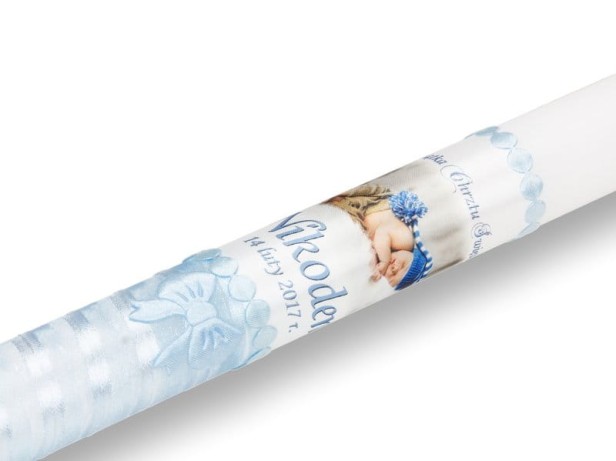 zdobienie niebieskie Świeca na Chrzest ze zdjęciem dziecka – Pamiątka Chrztu Świętego