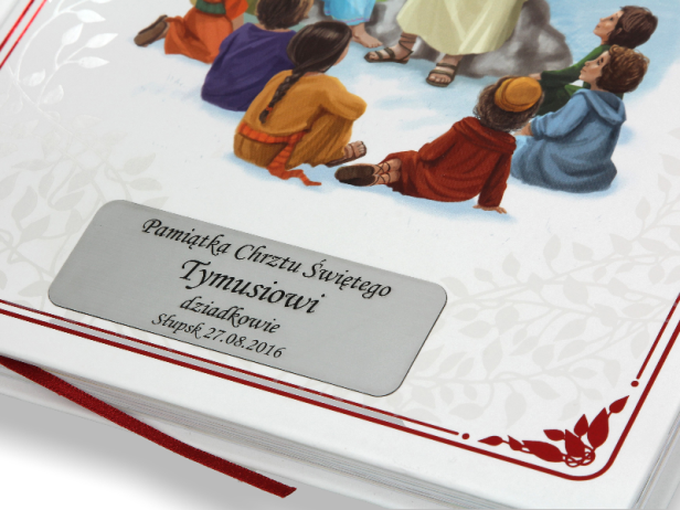 Biblia „Święta historia dla naszych dzieci” z grawerowaną dedykacją – Pamiątka Chrztu i Komunii Świętej