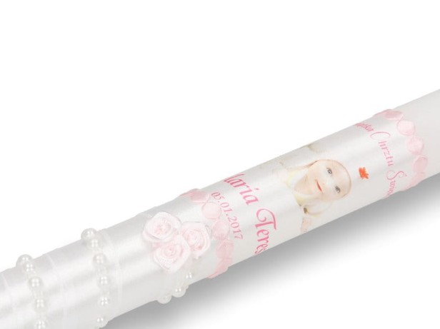 zdobienie biało różowe Świeca na Chrzest ze zdjęciem dziecka – Pamiątka Chrztu Świętego