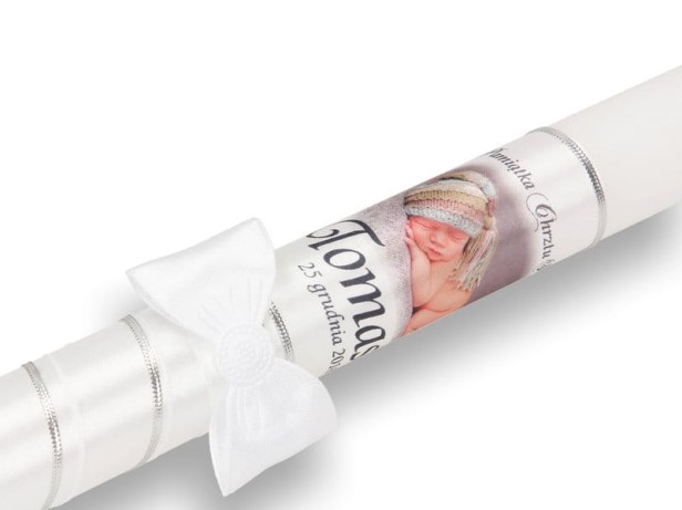 zdobienie srebrne Świeca na Chrzest ze zdjęciem dziecka – Pamiątka Chrztu Świętego