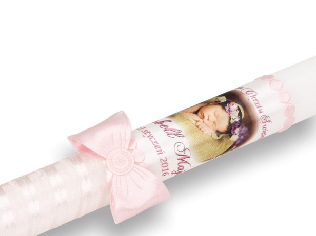różowa Świeca na Chrzest ze zdjęciem dziecka – Pamiątka Chrztu Świętego