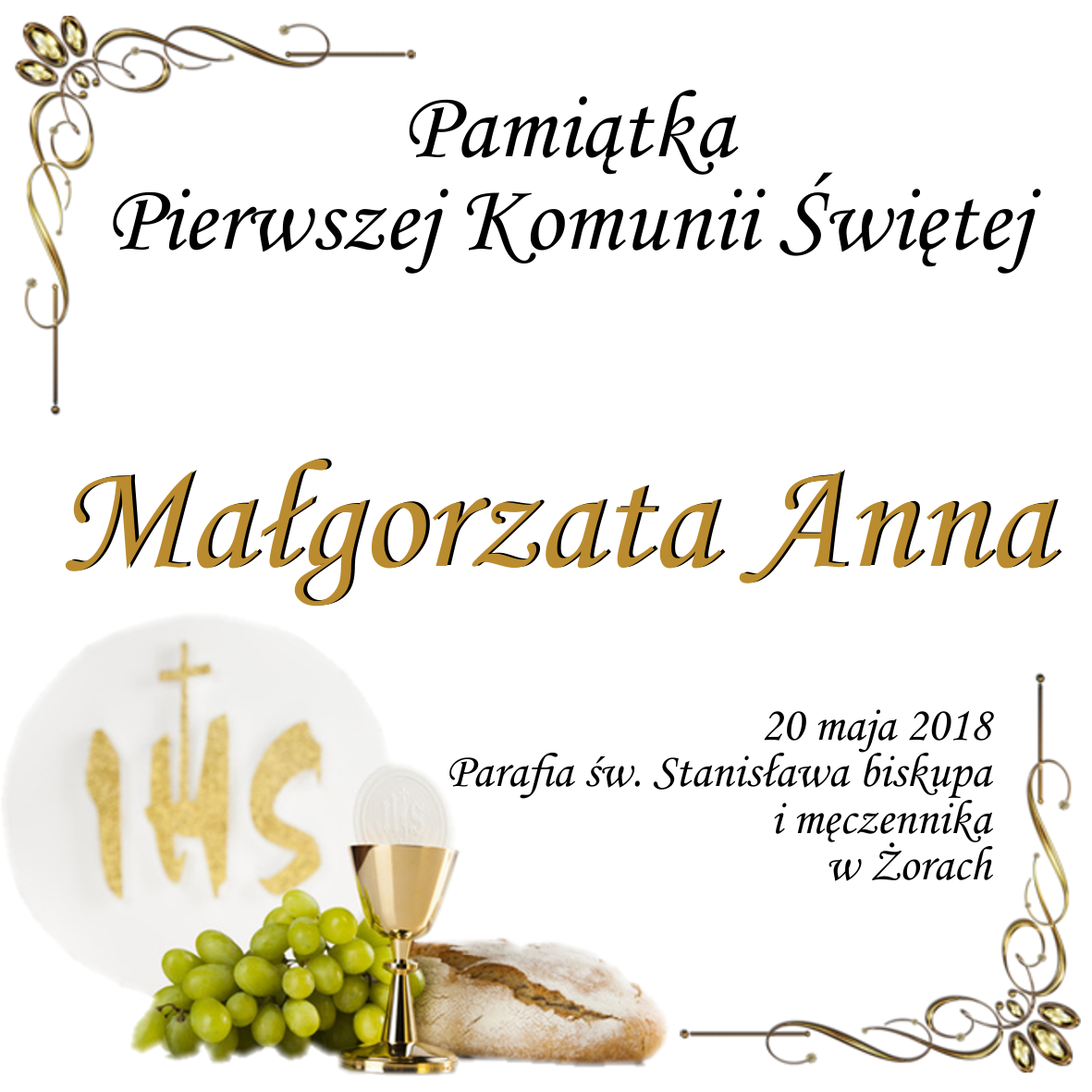 Projekt nadruku GOLD – Pamiątka I Komunii Świętej z imieniem