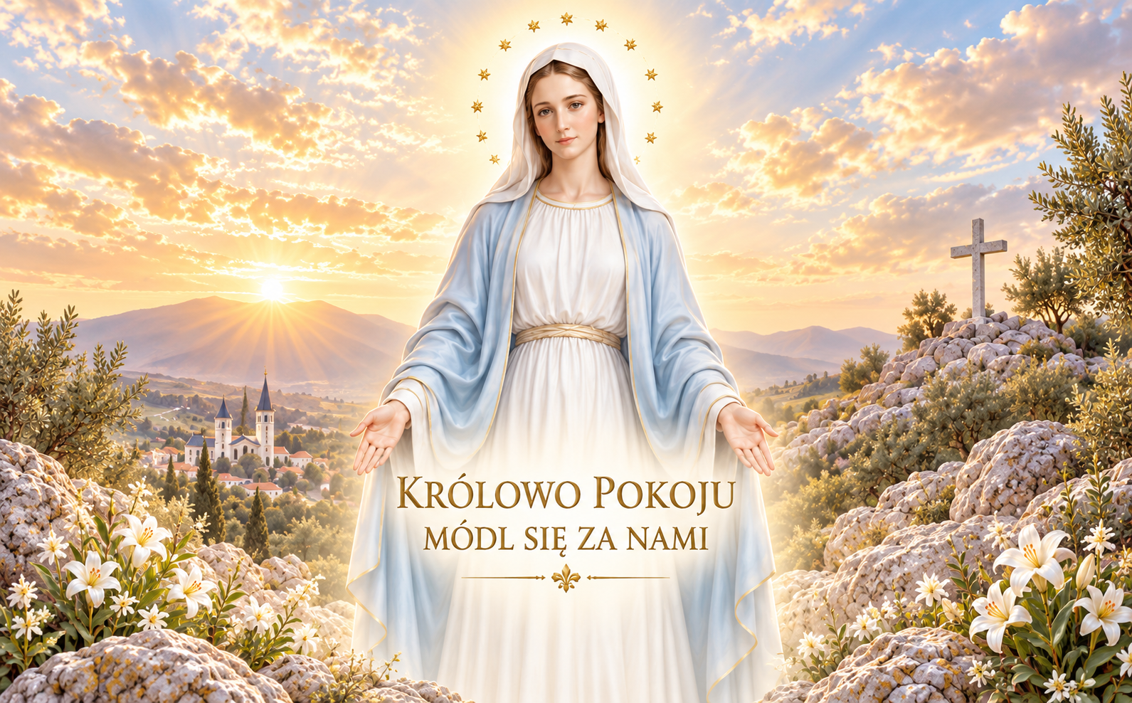 Pełny projekt nadruku Matka Boża Królowa Pokoju w złotym krajobrazie