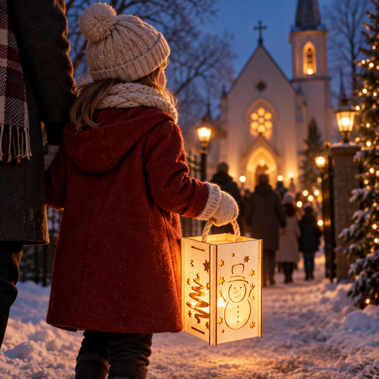 Dziecko niesie świecący drewniany lampion z bałwankiem i choinką, idąc zaśnieżoną drogą do kościoła o zmroku.